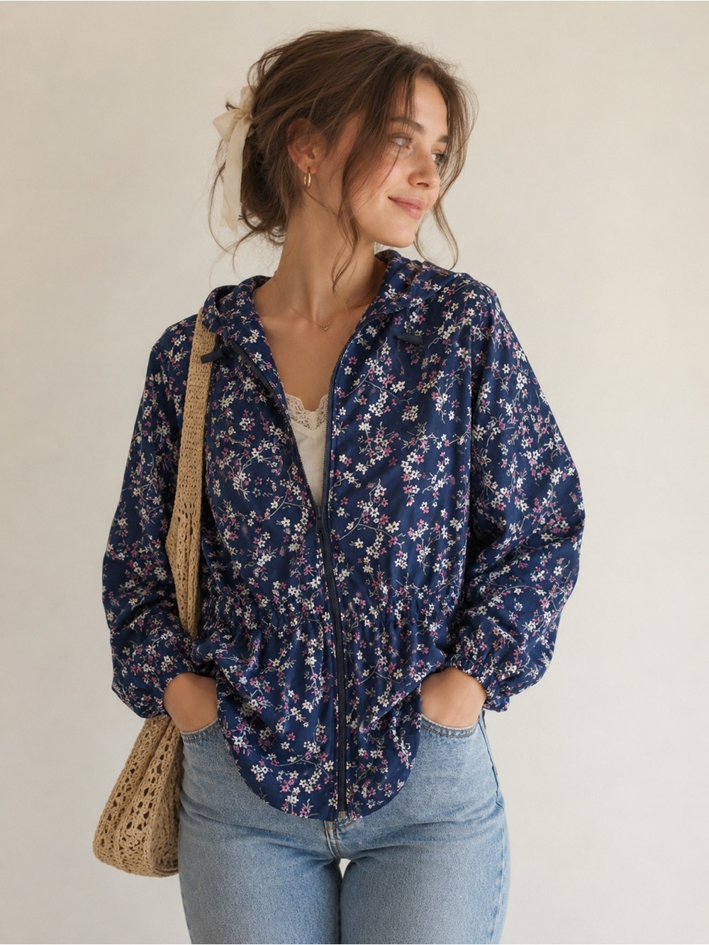 Vintage Northern Reflections Hooded Navy Floral Zip Windbreaker Rain Jacket